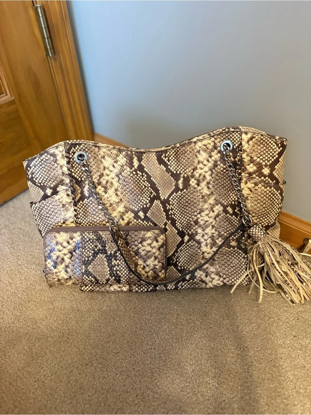 Michael Kors Snake-Print Shoulder Tote in Neutral Brown and Cream